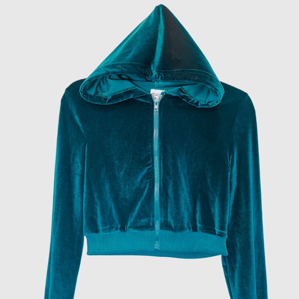 Princess Polly Crop Hoodie Womens XS Small Turquoise Teal Velour Full Zip